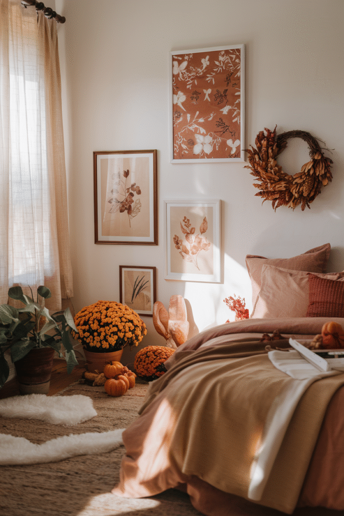 Seasonal wall accent bringing warmth to a fall bedroom