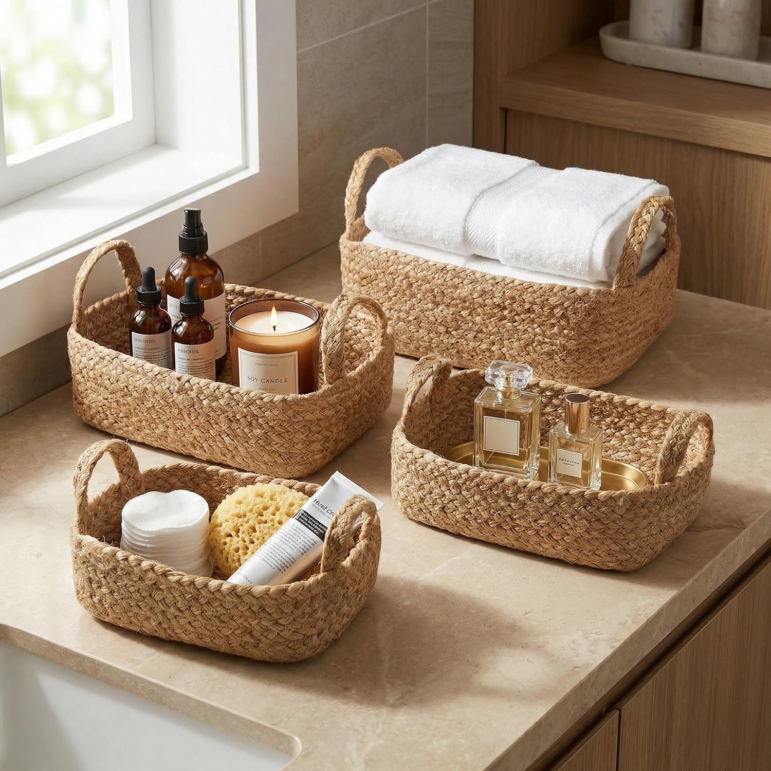Natural Jute Rope Storage Basket Set of 4 for Shelves