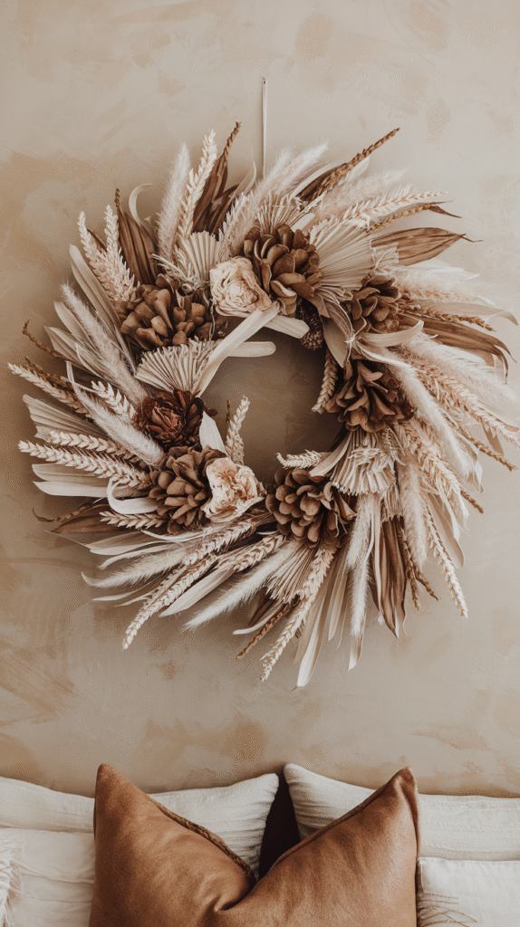 A statement wreath used as interior wall art beyond the front door