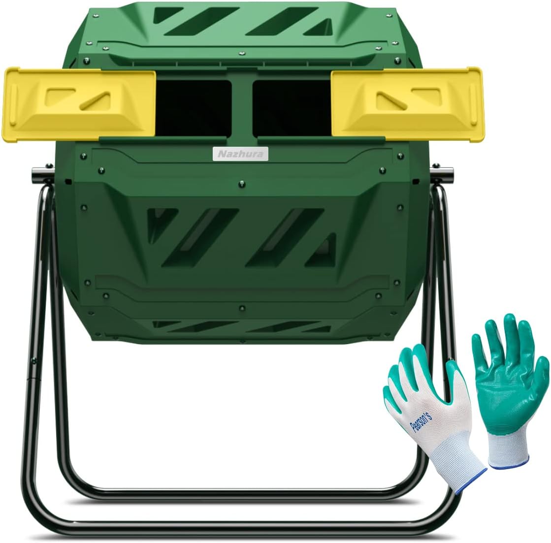 Dual Chamber Compost Tumbler Bin, 43 Gallon, with Gardening Gloves