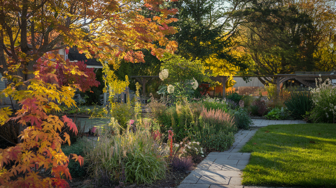 Beautiful suburban garden showcasing stunning fall colors
