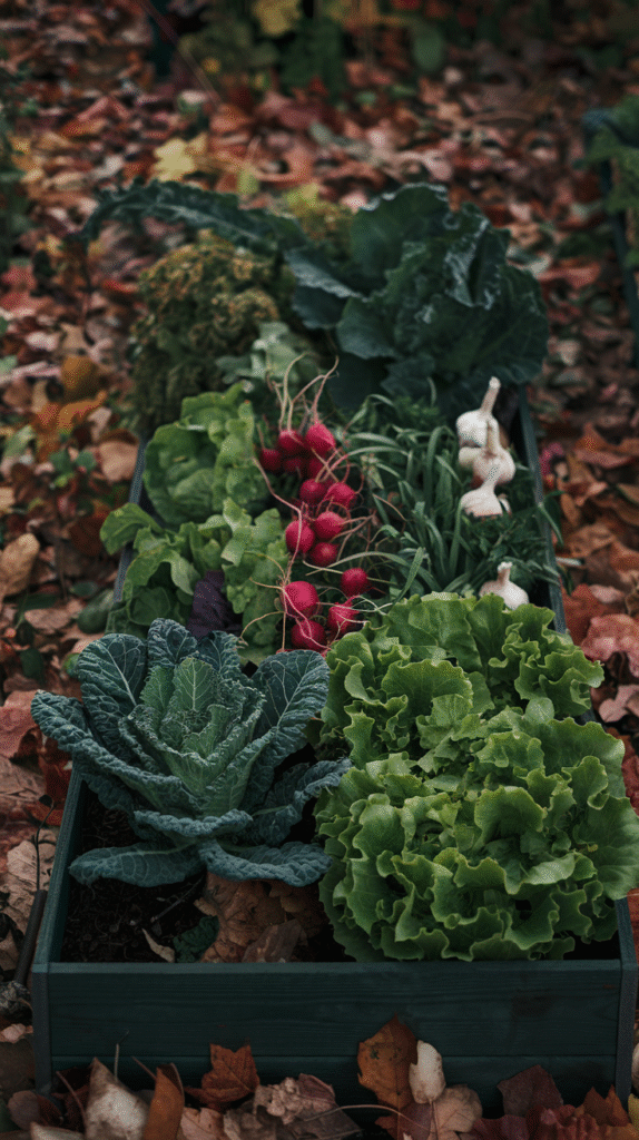 Fall vegetables and herbs thriving in cooler autumn temperatures