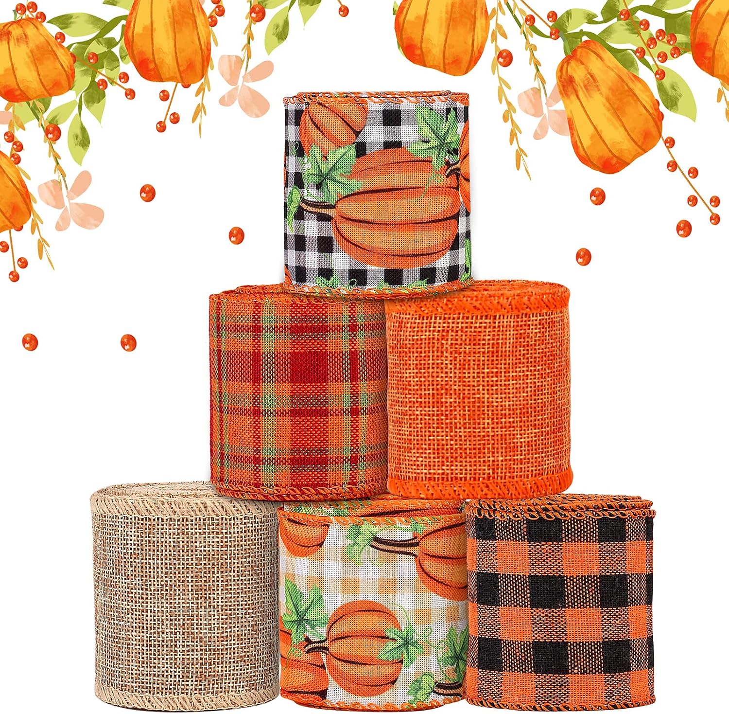 Fall Burlap Wired Ribbon, 2.5 Inch, 30 Yards, 6 Rolls, Pumpkin Plaid