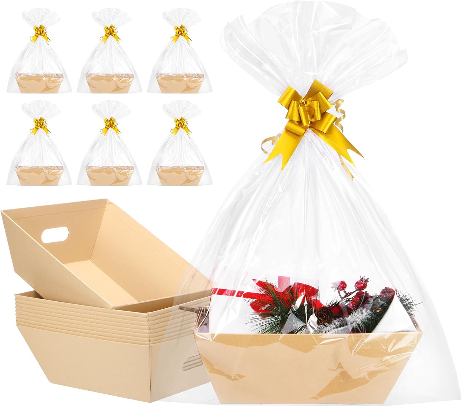 AFOROEOA Kraft Gift Baskets, Empty, 10 Pack with Bows and Bags