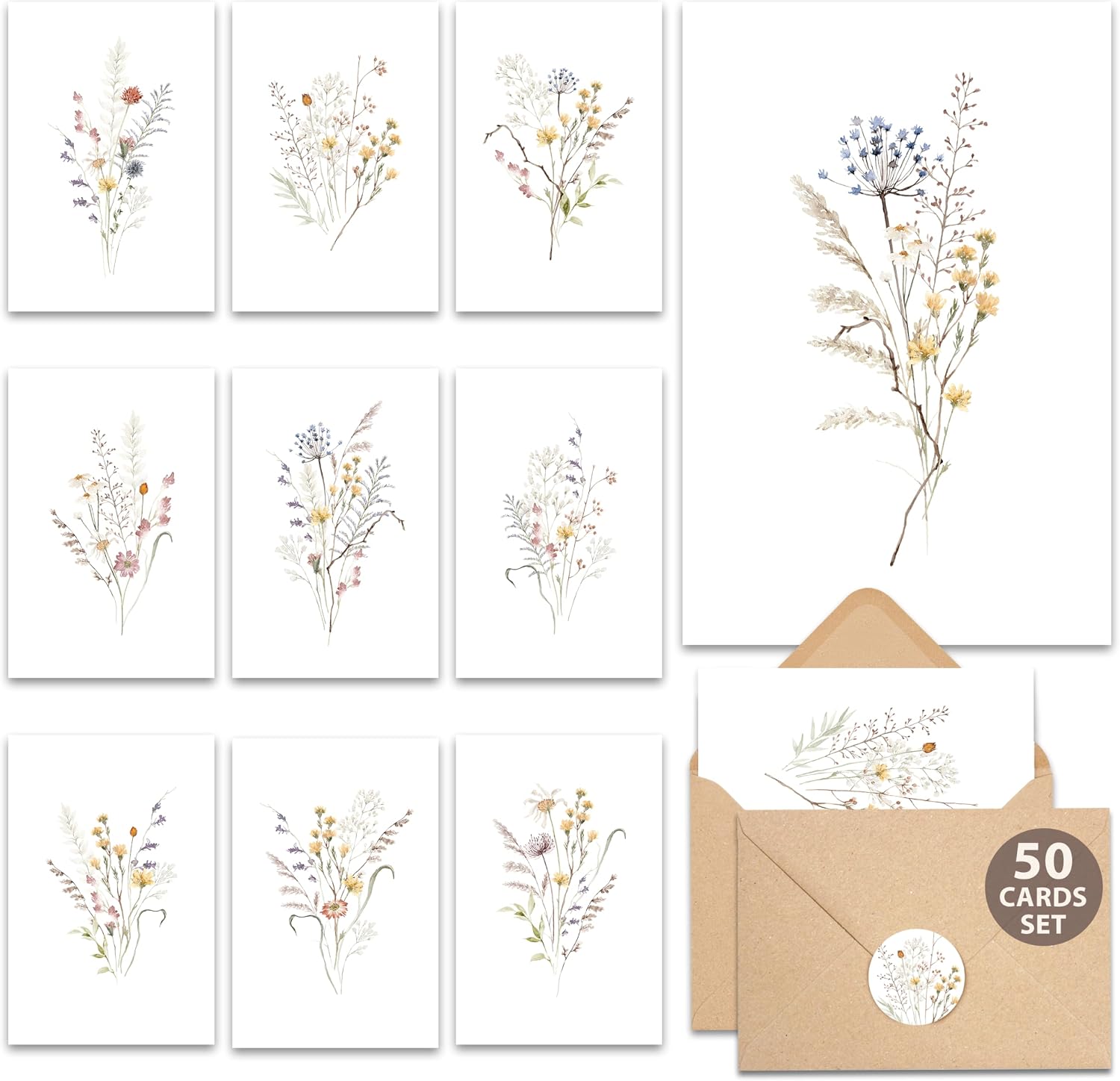 AUDREE Wildflower Blank Cards with Envelopes and Stickers, 50 Pack