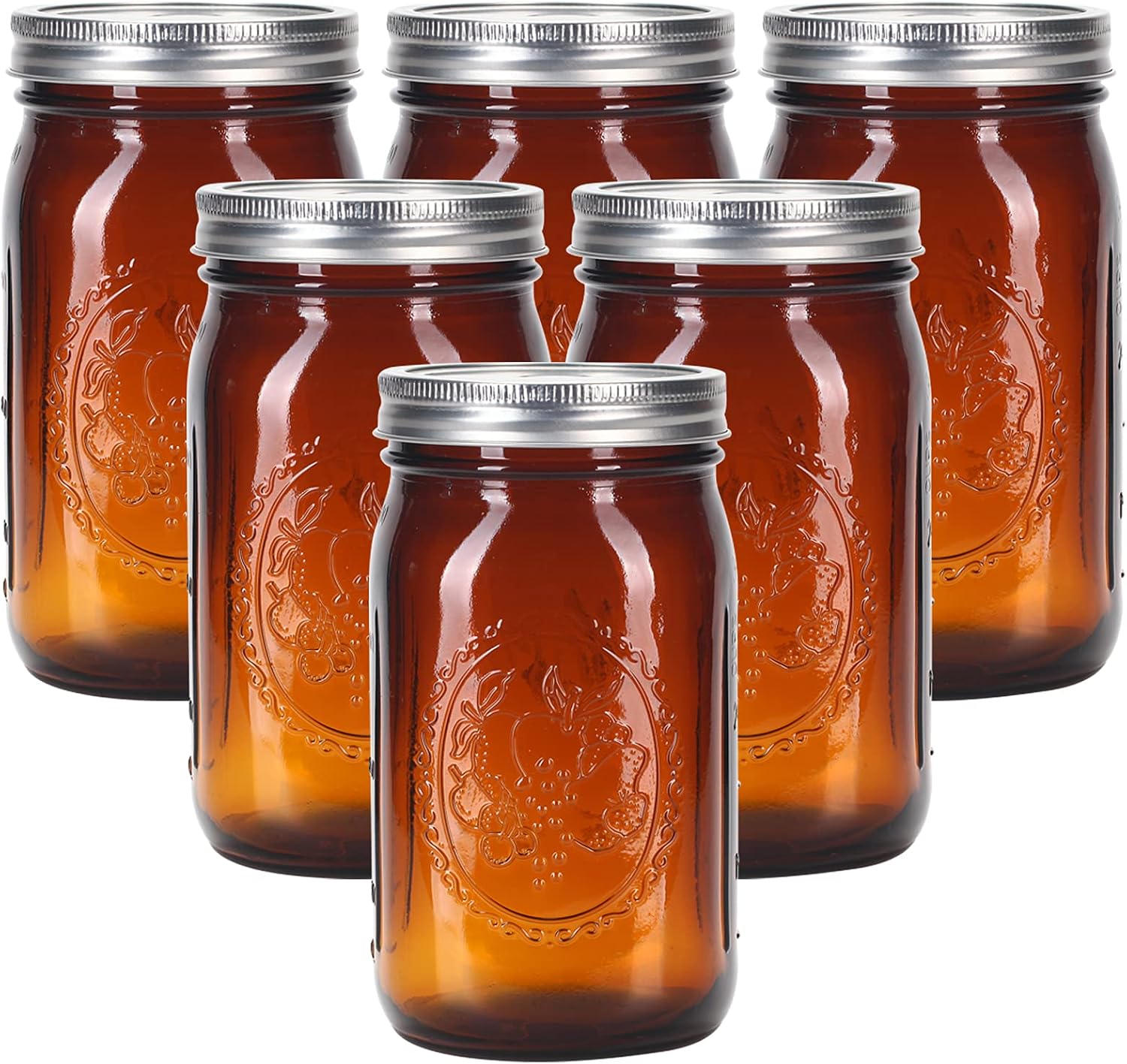 eleganttime Amber Glass Mason Jars, 32 oz, Wide Mouth, 6 Pack