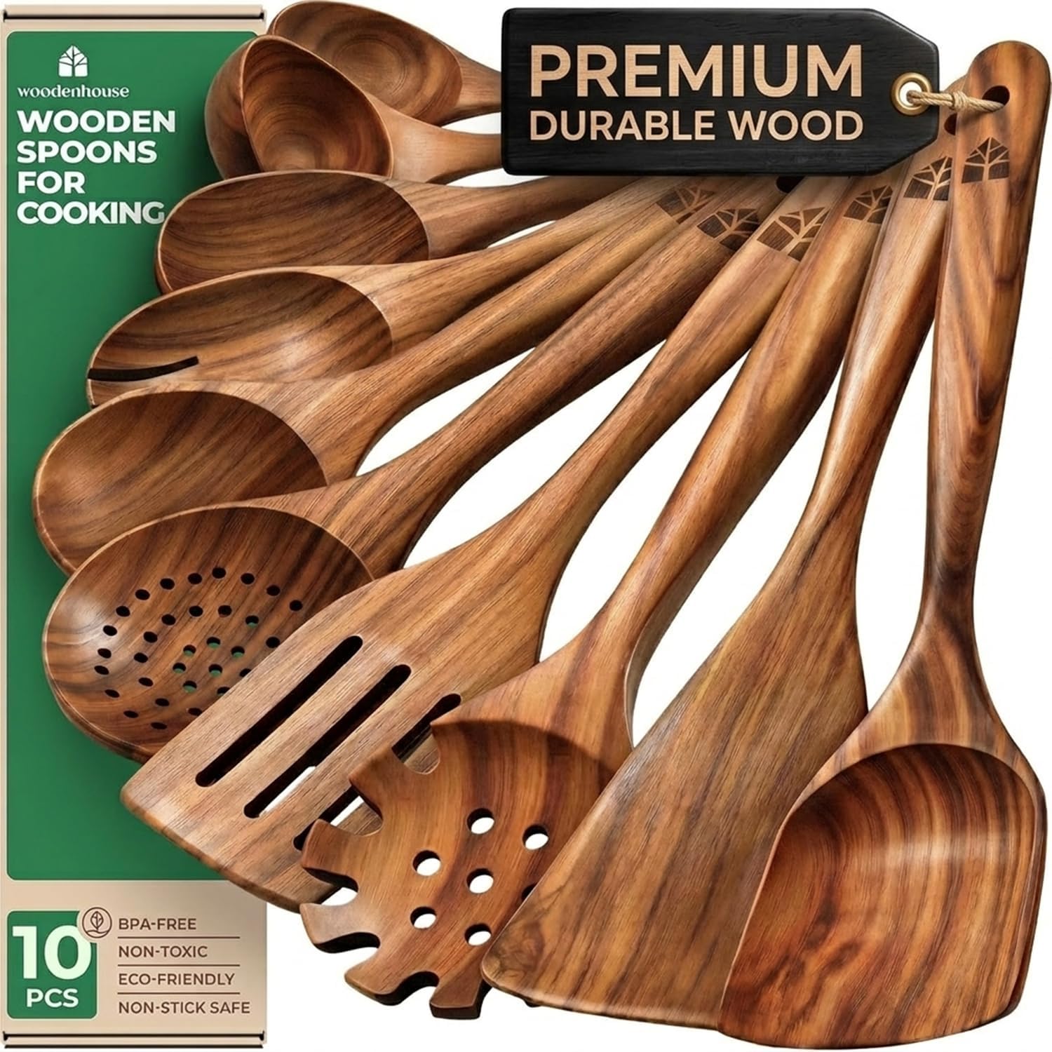 Teak Wooden Spoons for Cooking, 10 Pcs, Non-Toxic Kitchen Utensils Set