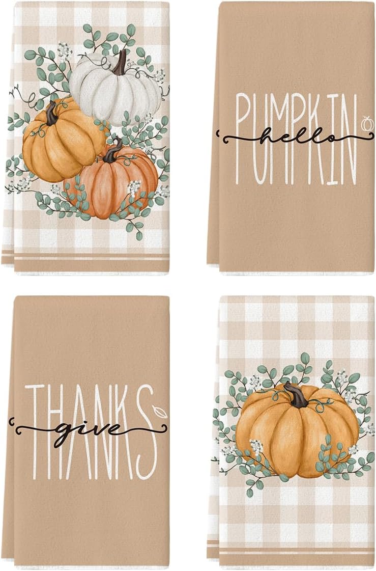 Artoid Mode Orange Hello Pumpkin Fall Kitchen Towels, Set of 4, 18 x 26 Inch