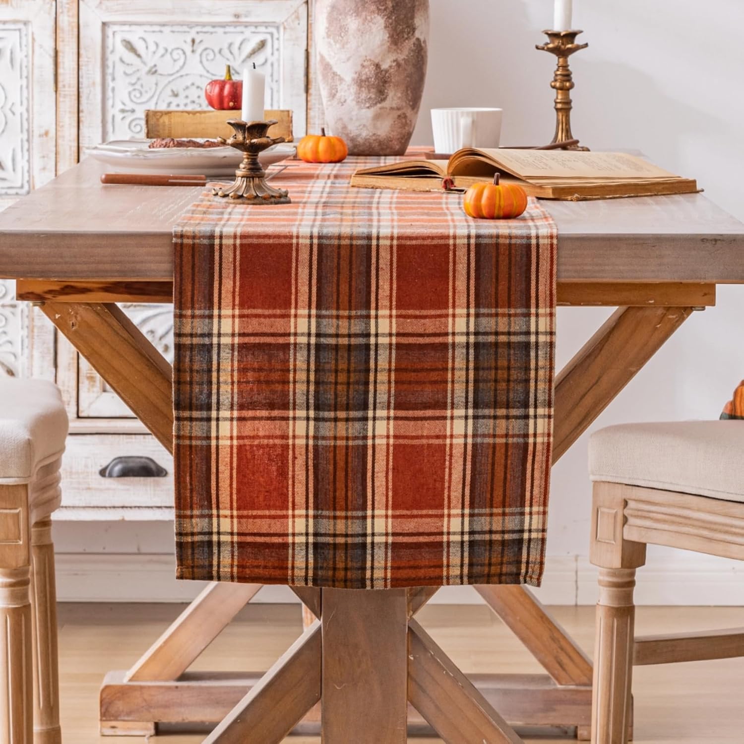 AQOTHES Plaid Fall Table Runners, Rust Orange, 72 Inches Long
