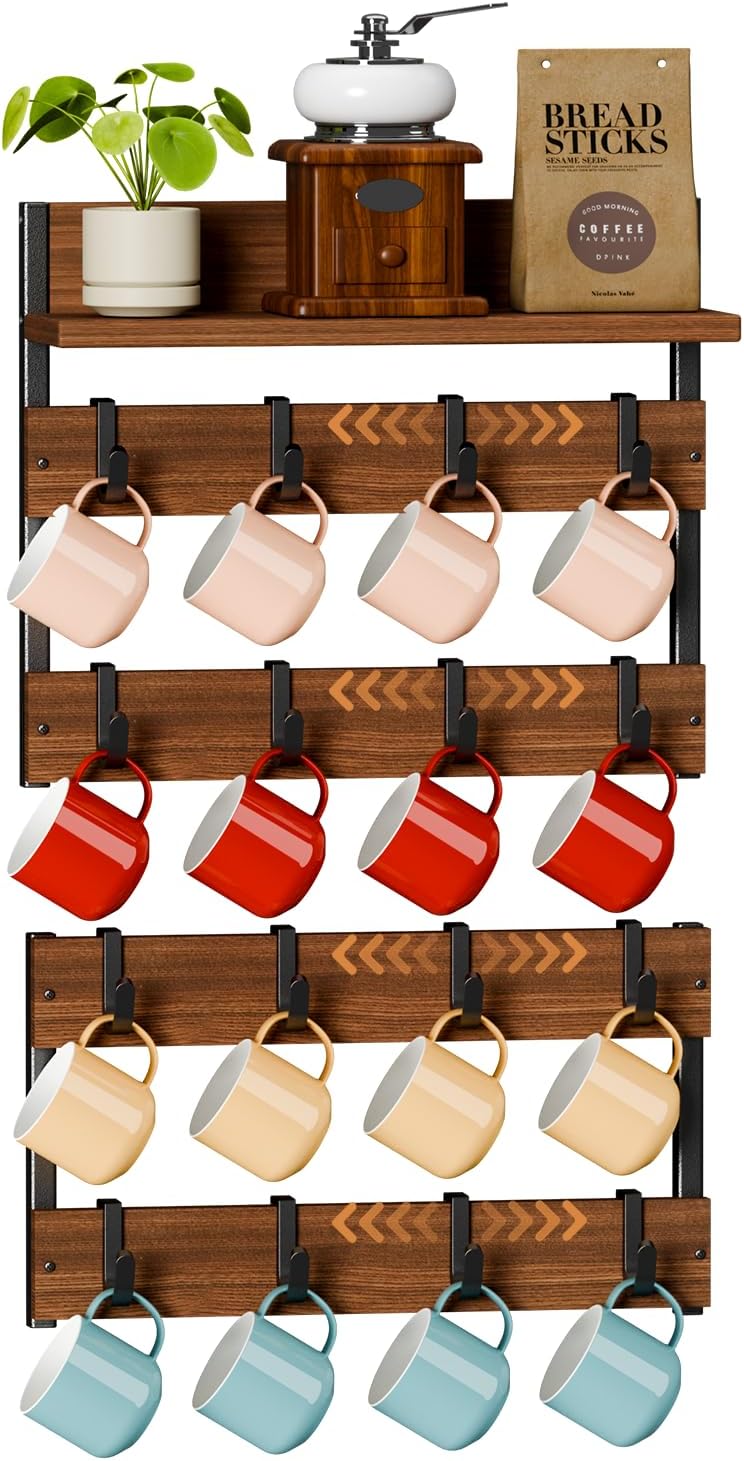 2-in-1 Wall Mounted Coffee Cup Holder with 16 Adjustable Hooks