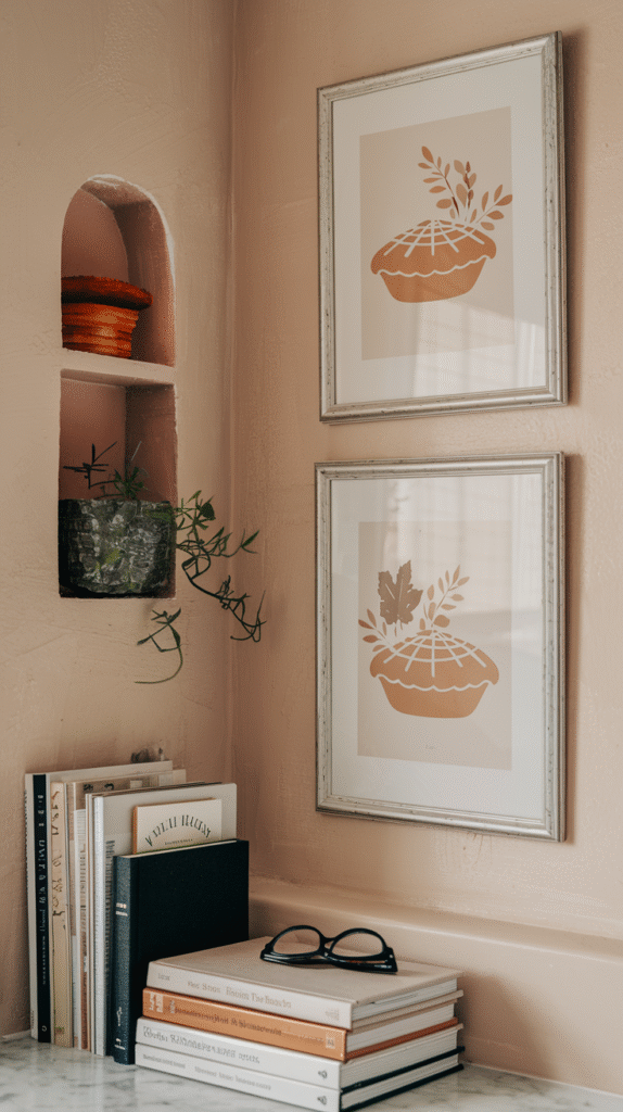 Framed fall-inspired art print adding warmth to the kitchen