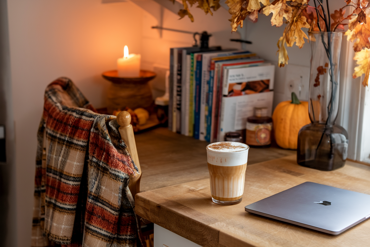 Cozy softly lit kitchen with warm fall-inspired decor