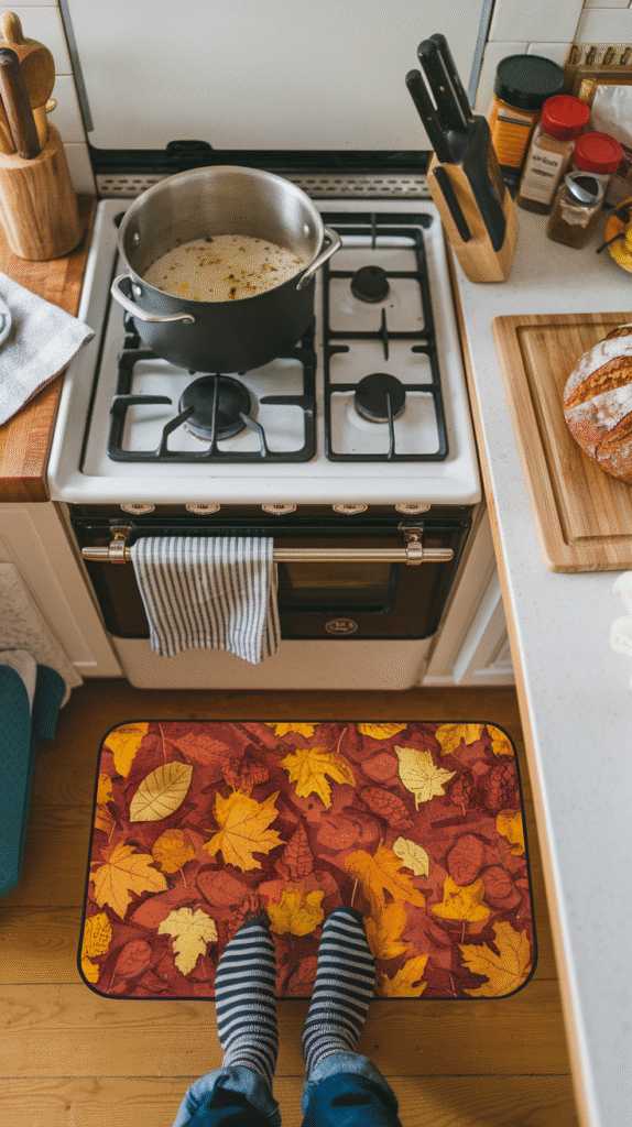 Autumn-themed kitchen mat adding comfort and seasonal style
