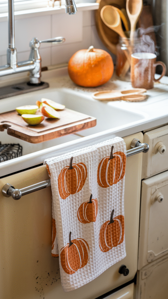 Fall-themed kitchen towels adding seasonal warmth