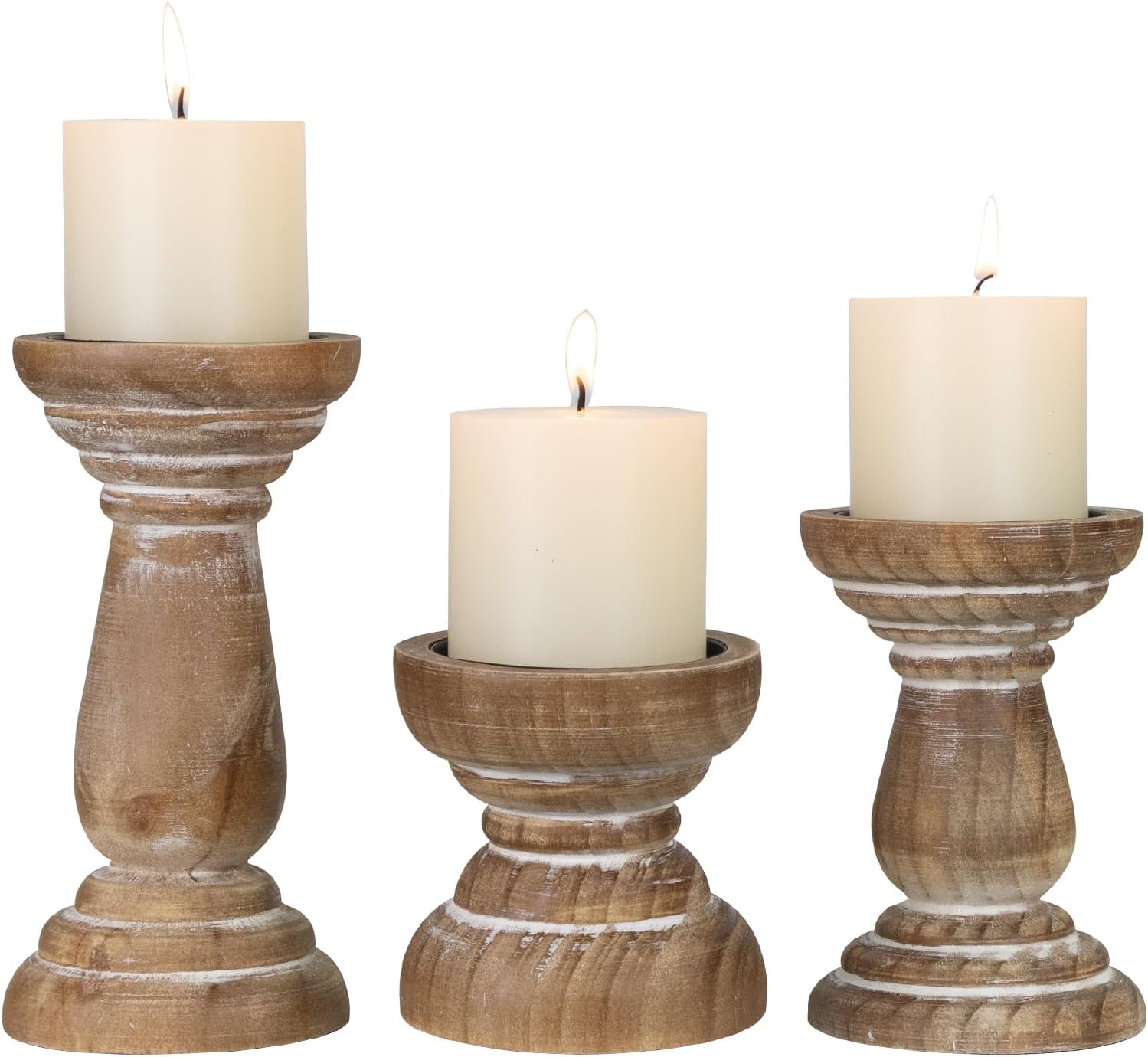 Farmhouse Wood Pillar Candle Holder Set of 3, Rustic Candle Stands