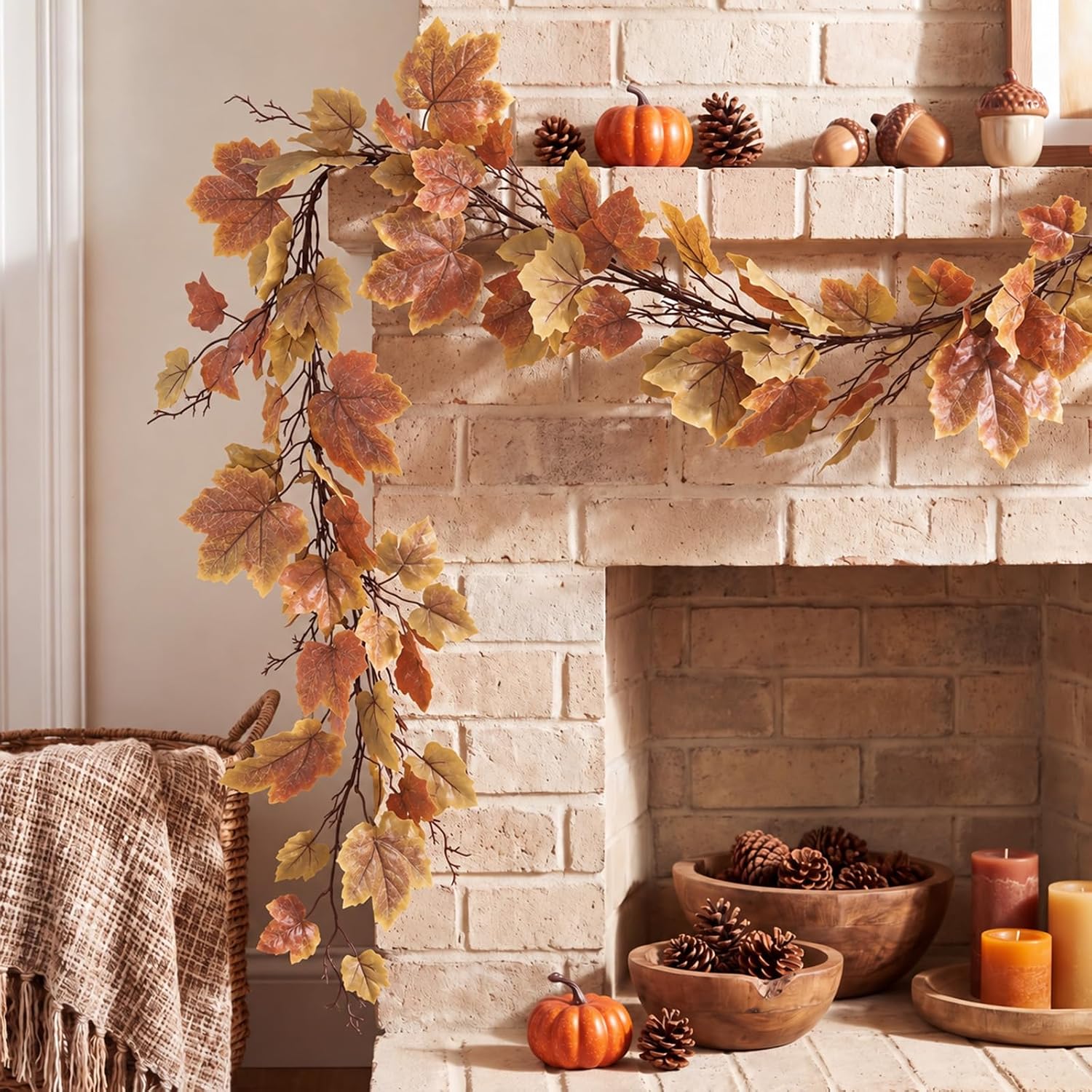 6 ft Artificial Fall Leaf Garland for Fireplace Mantel Decor