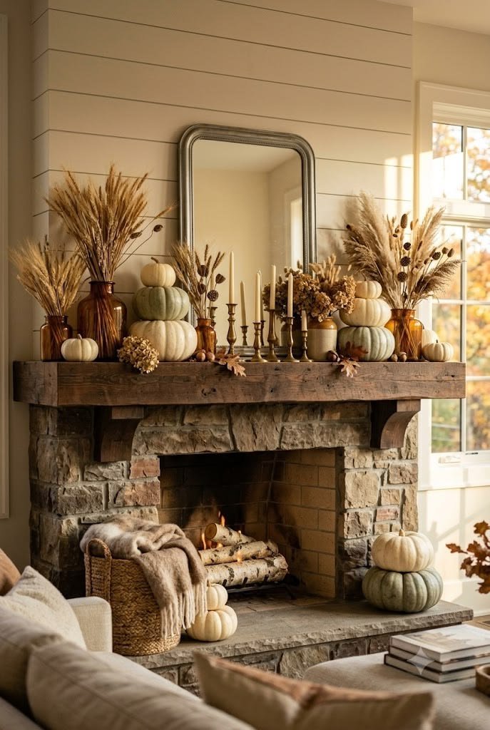Dried flowers and pampas grass styled on a fall mantel with layered pumpkins