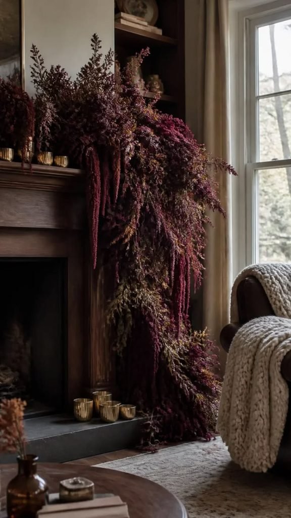 Everyday mantel decor layered with a few fall accents like pumpkins and foliage