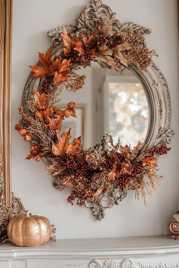 Fall wreath hung above a fireplace mantel with simple autumn styling underneath