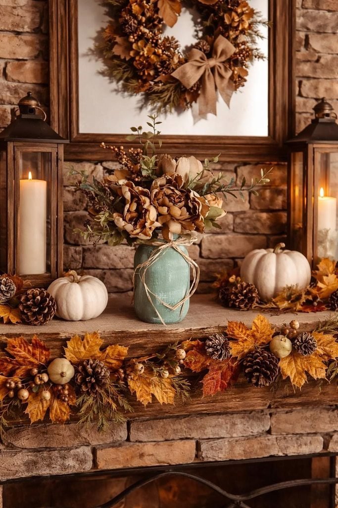 Rustic farmhouse fall mantel decorated with wood, pumpkins and a garland