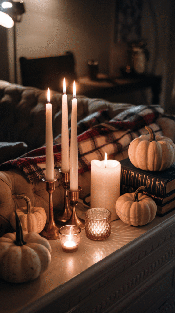 Candlelight adding warmth and ambiance to the fall mantel