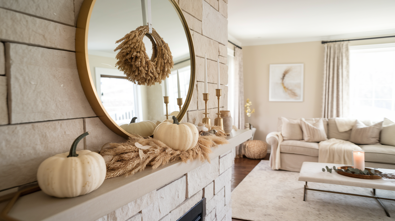 Chic neutral-toned fall mantel decor styled beautifully