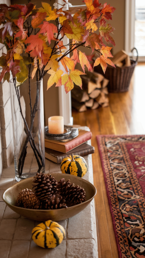 Layered mantel styling creating depth and visual interest