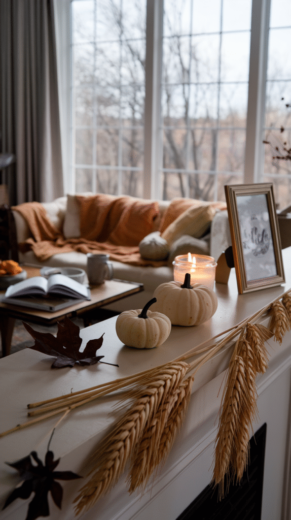 Natural elements bringing organic texture to fall mantel decor