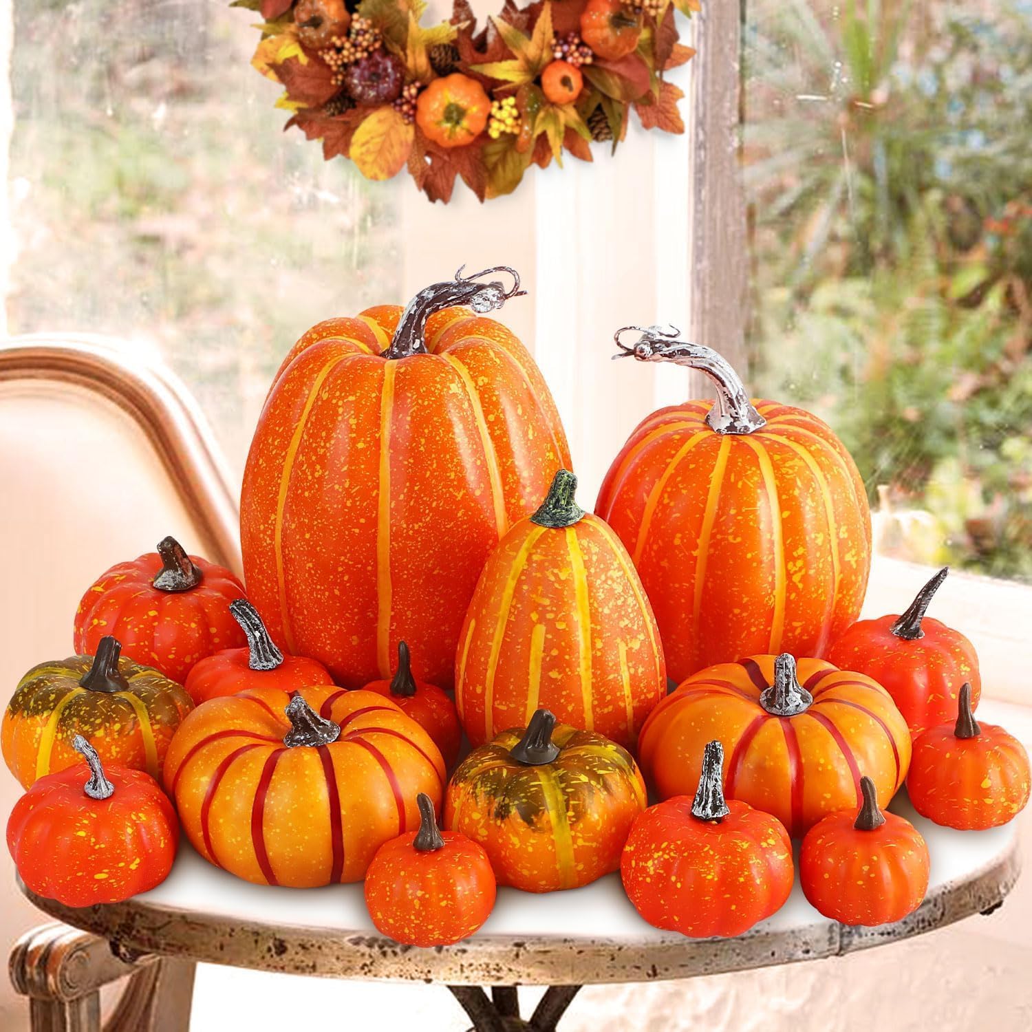 Ywlake Outdoor Foam Fall Pumpkin Decorations, 16 Pcs, Large and Small, Orange
