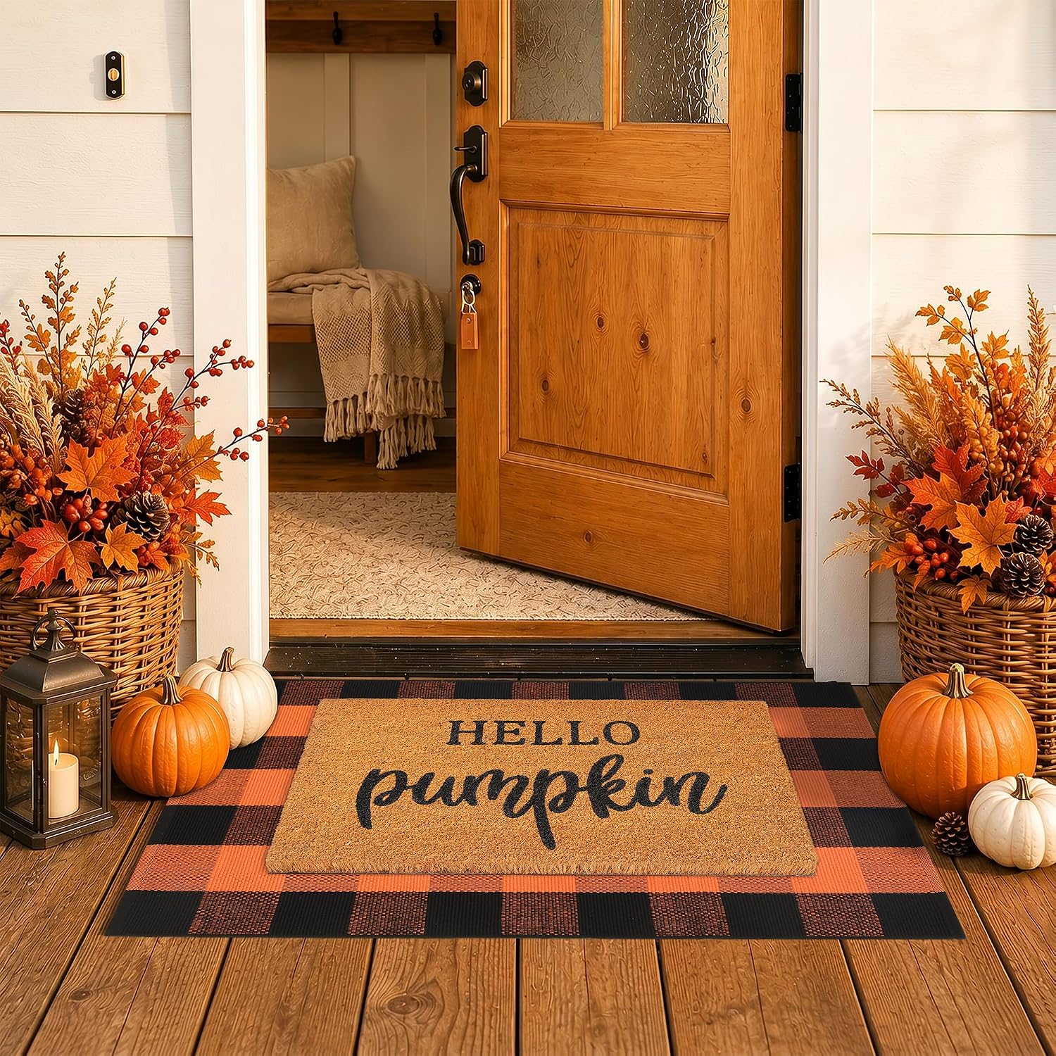 Fall Door Mat Combo Set, Coco Coir Welcome Mat with 28 x 43 Inch Plaid Rug