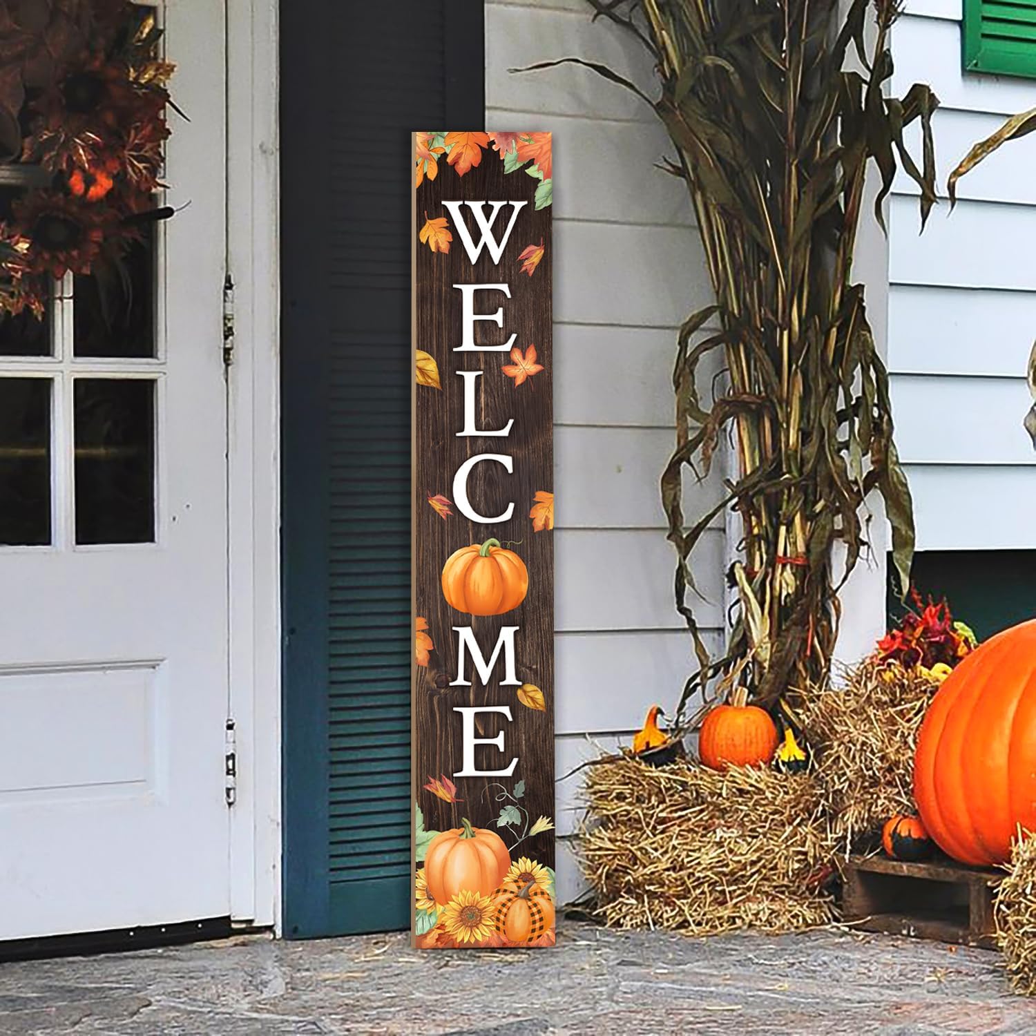 Fall Welcome Sign for Front Porch, Maple Leaf Pumpkin Sunflower Thanksgiving Decor