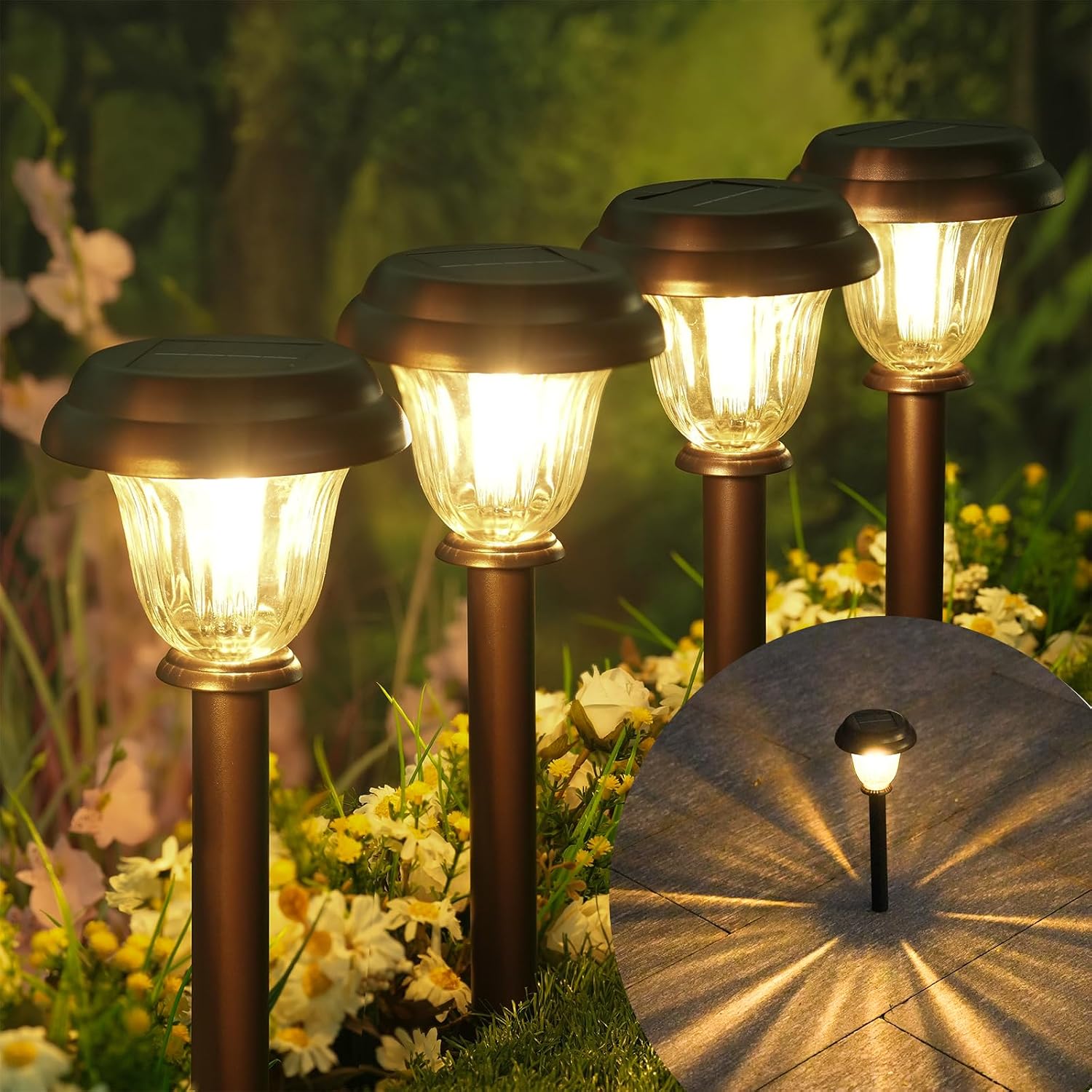 DERAYSION Stainless Steel Glass Solar Pathway Lights, 8 Pack