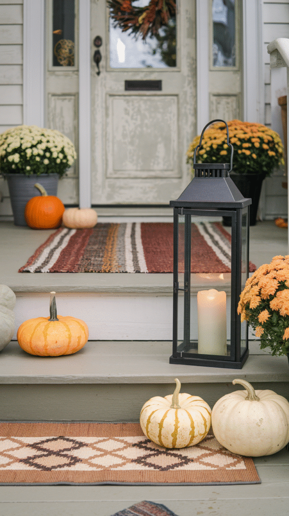 Layered fall porch decor creating visual depth and interest