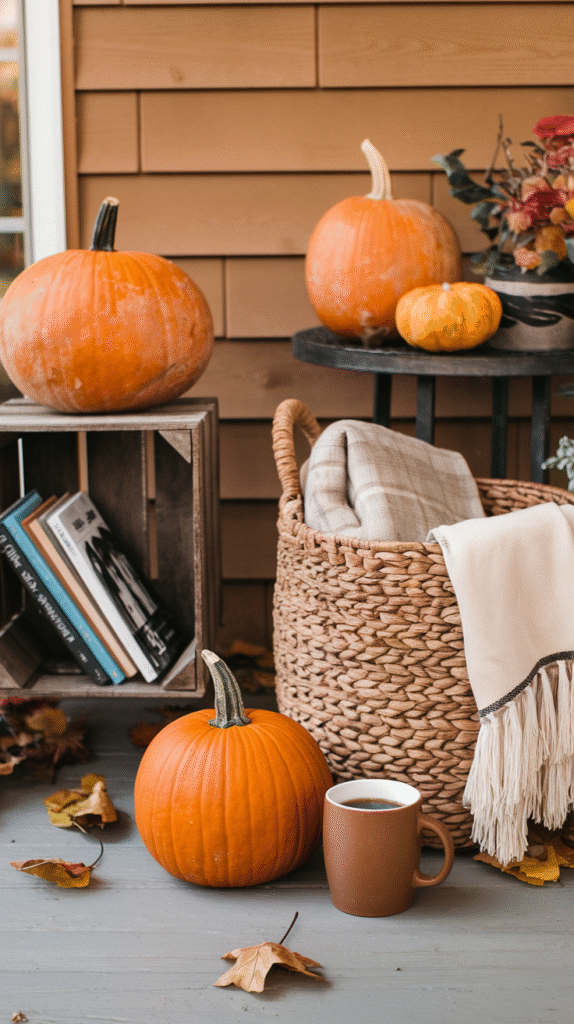 Natural fall elements like gourds and mums decorating a porch