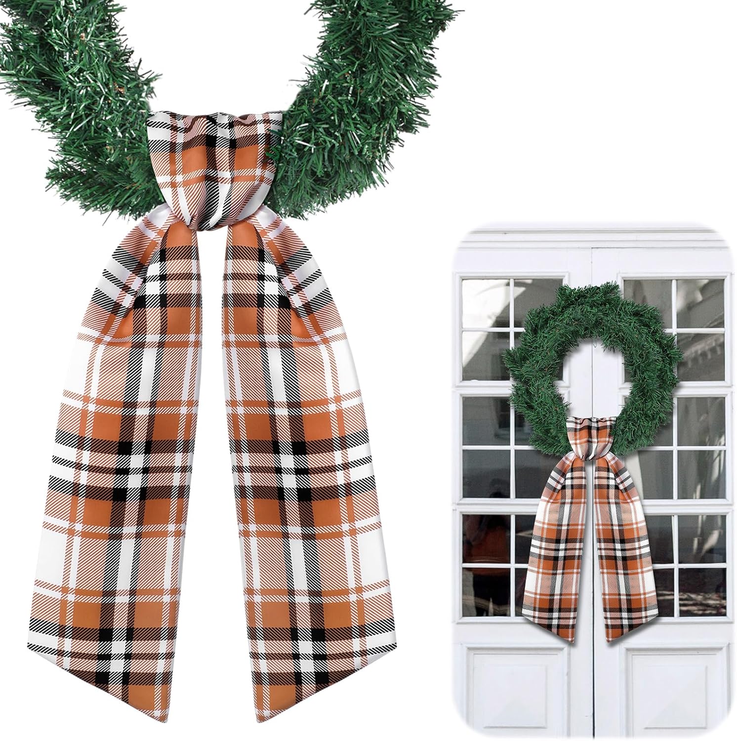 VitalCozy Fall Plaid Wreath Sash, Satin Wreath Bow Decor