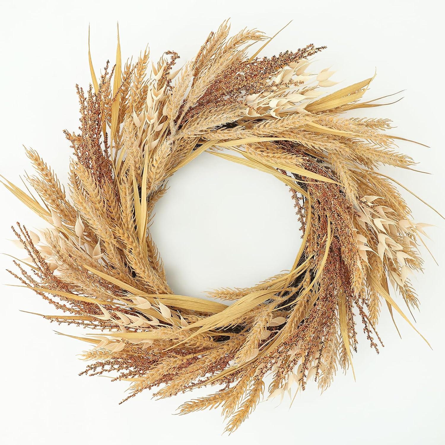 MIZII 19 Inch Beige Fall Wreath with Artificial Wheat Stalks and Leaves