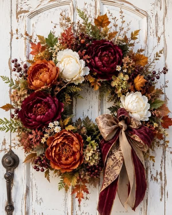A fall wreath standing out clearly against a white door