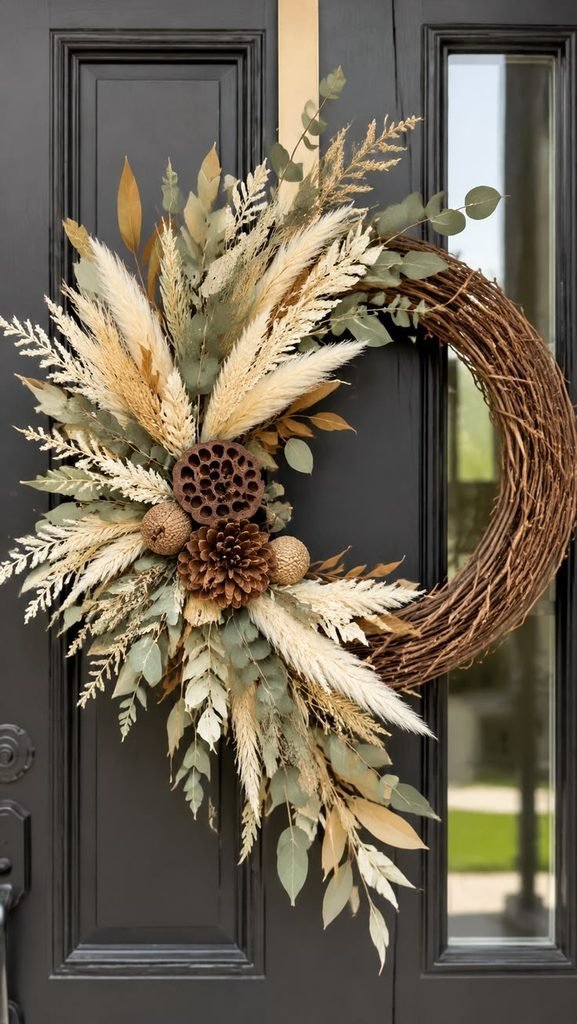 A fall wreath chosen to complement rather than compete with the door color
