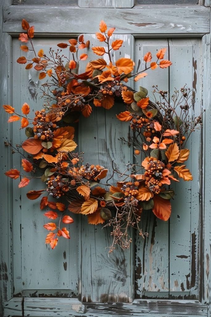 A fall leaf wreath arranged to look naturally windswept