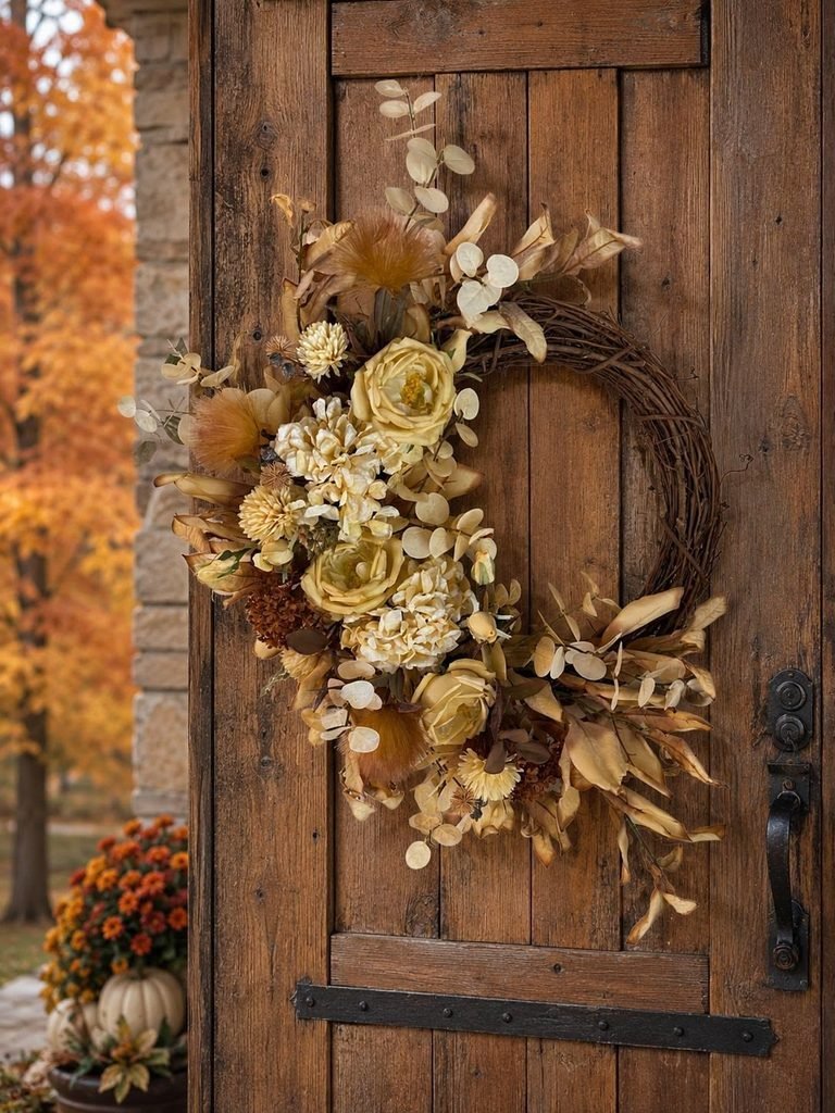 A fall wreath layered with varied textures for an elevated look