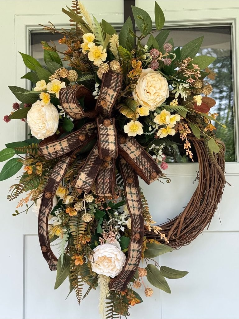 A neutral-palette wreath letting texture carry the design
