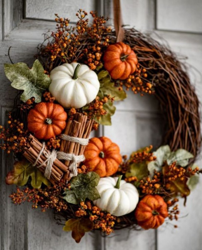 A pumpkin and eucalyptus fall wreath combination