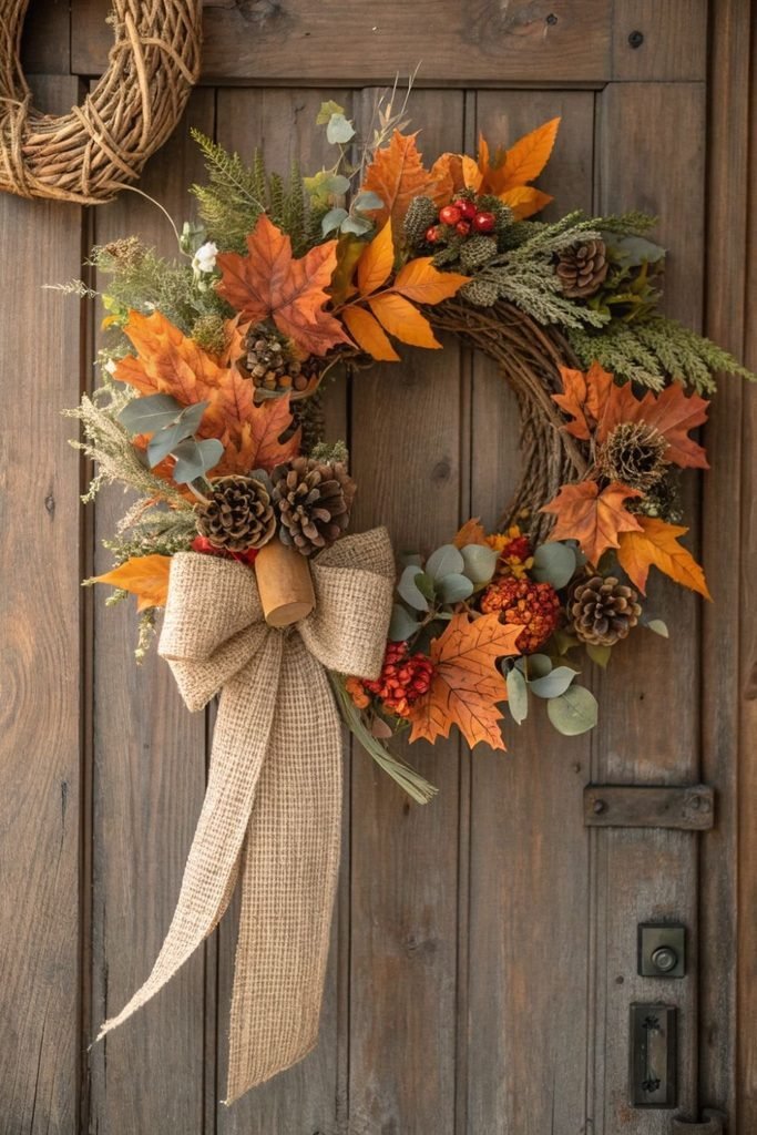 A rustic wreath with a plaid ribbon bringing cozy character