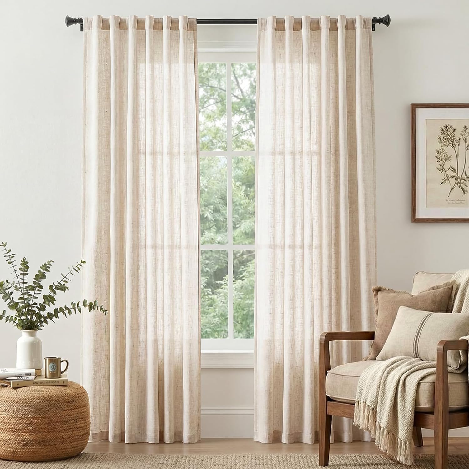 jinchan Linen Back Tab Curtains, Light Filtering, 50 x 84 Inch, 2 Panels