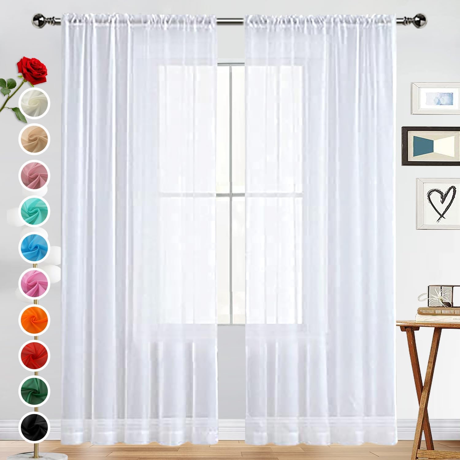 SpaceDresser Rod Pocket Sheer Voile White Curtain Panels, 52 x 84 Inch, 1 Pair