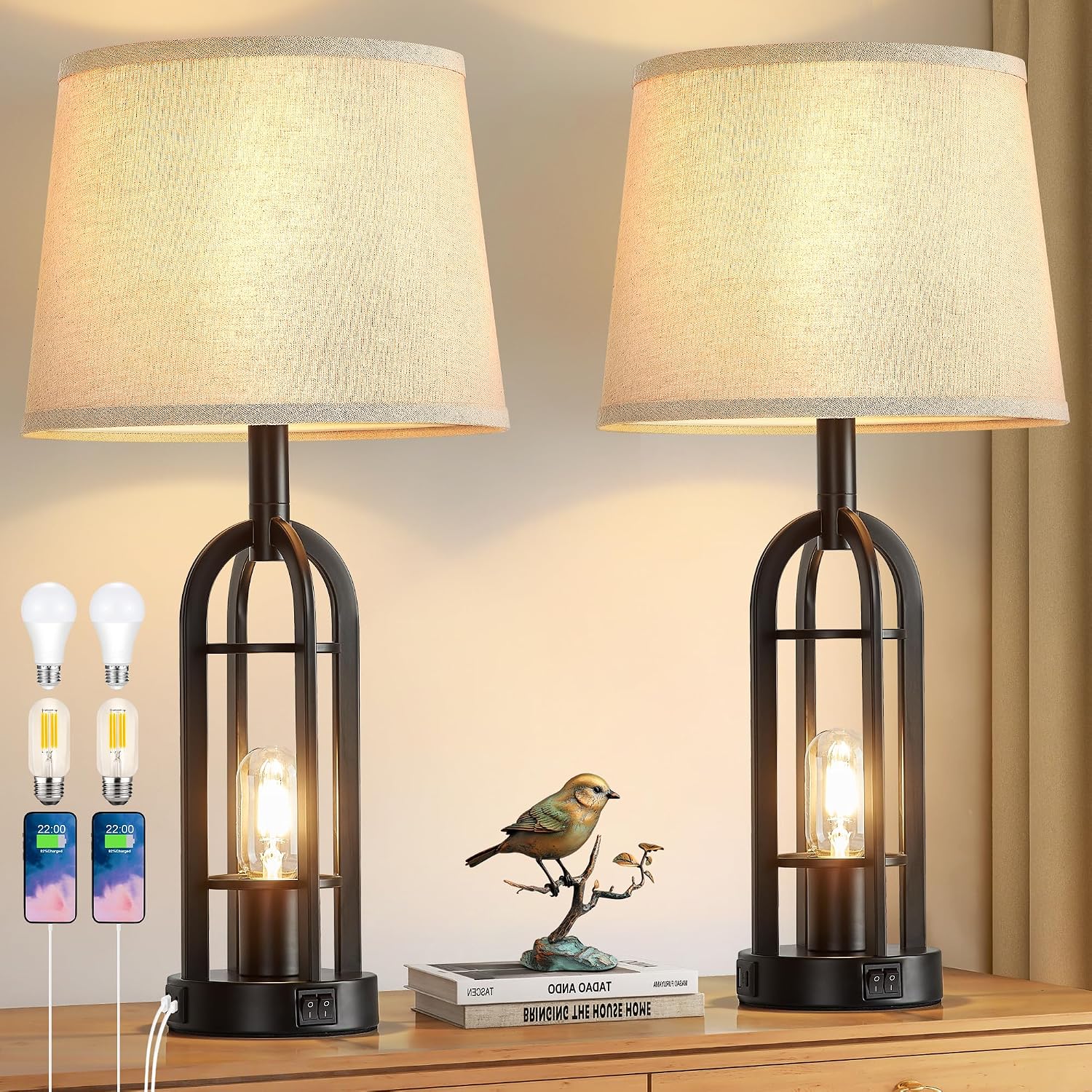 SRJJA 24 Inch Farmhouse Table Lamps, Set of 2, with USB A and C Ports