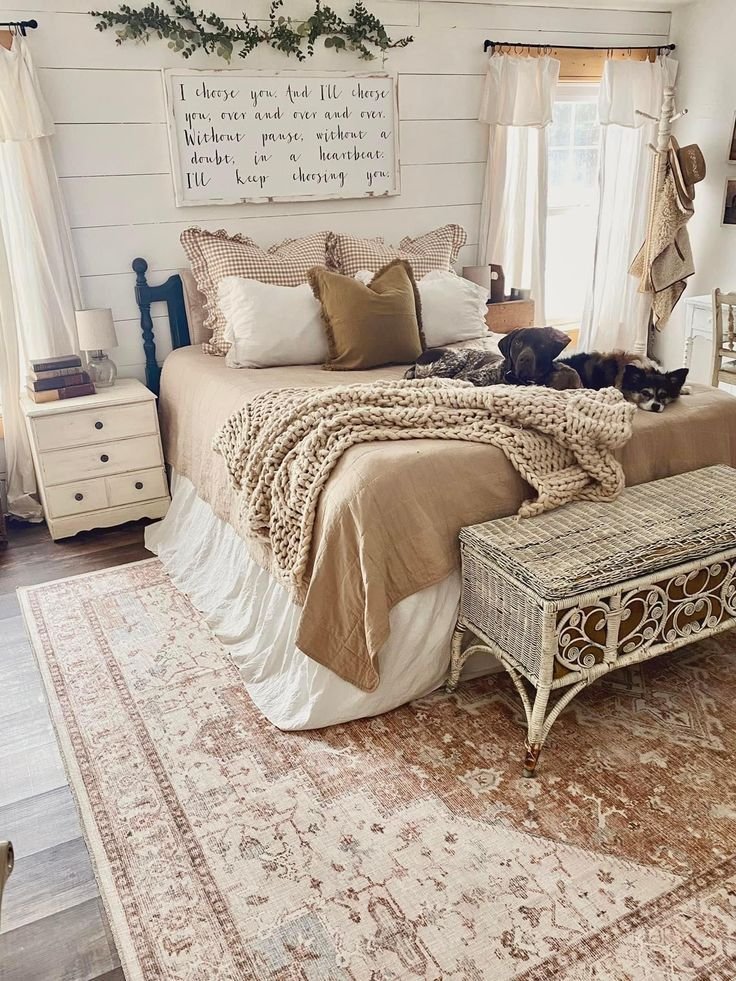 Cozy farmhouse bedroom styling with soft textures