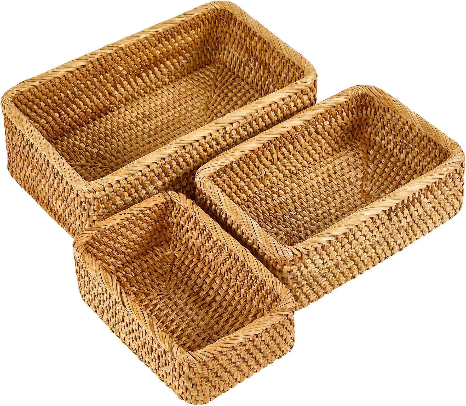 Natural Rectangular Rattan Storage Baskets, Set of 3, Hand Woven