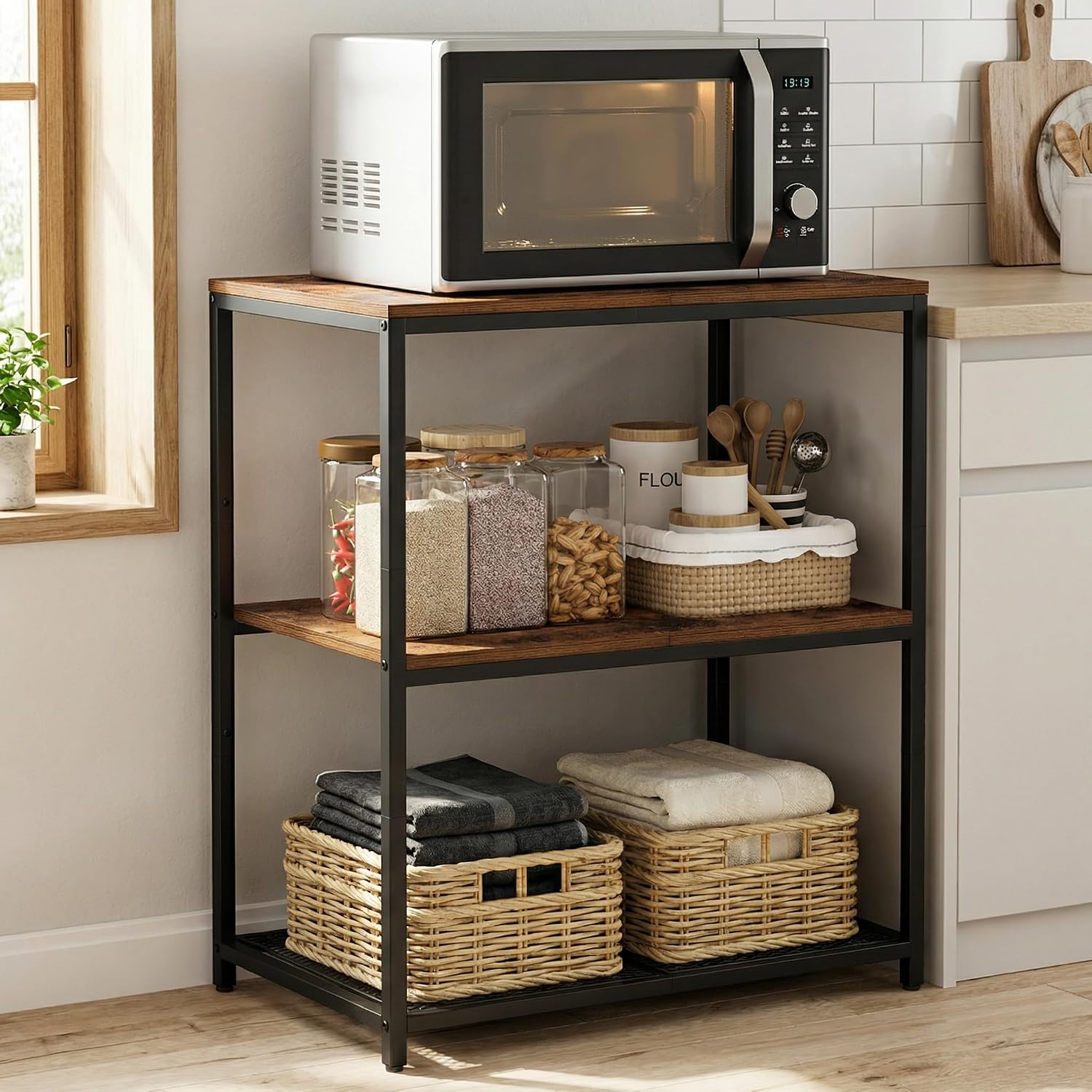 Homleke Kitchen Island with 3 Shelves, Workbench and Microwave Stand