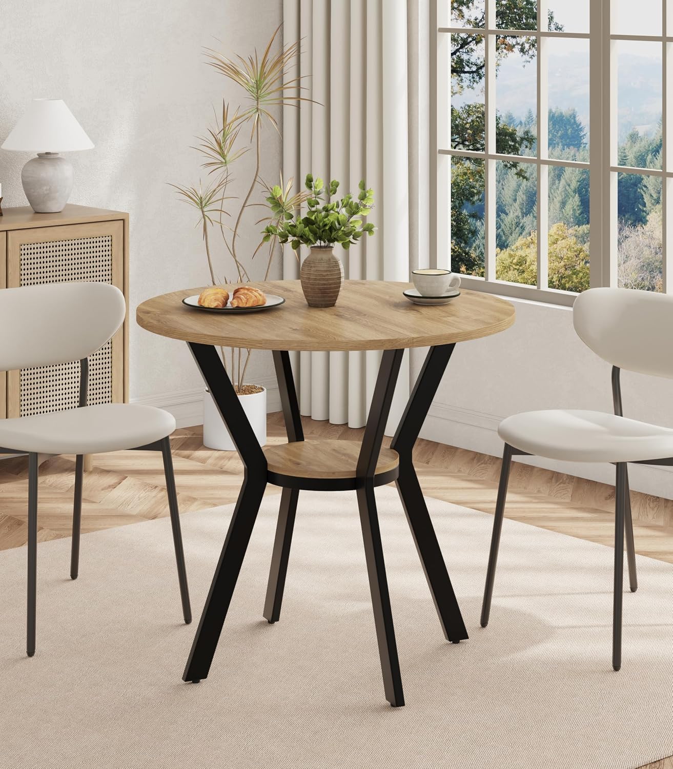 Rustic Round Kitchen Table with Storage for 2 to 4, 31.5 Inch